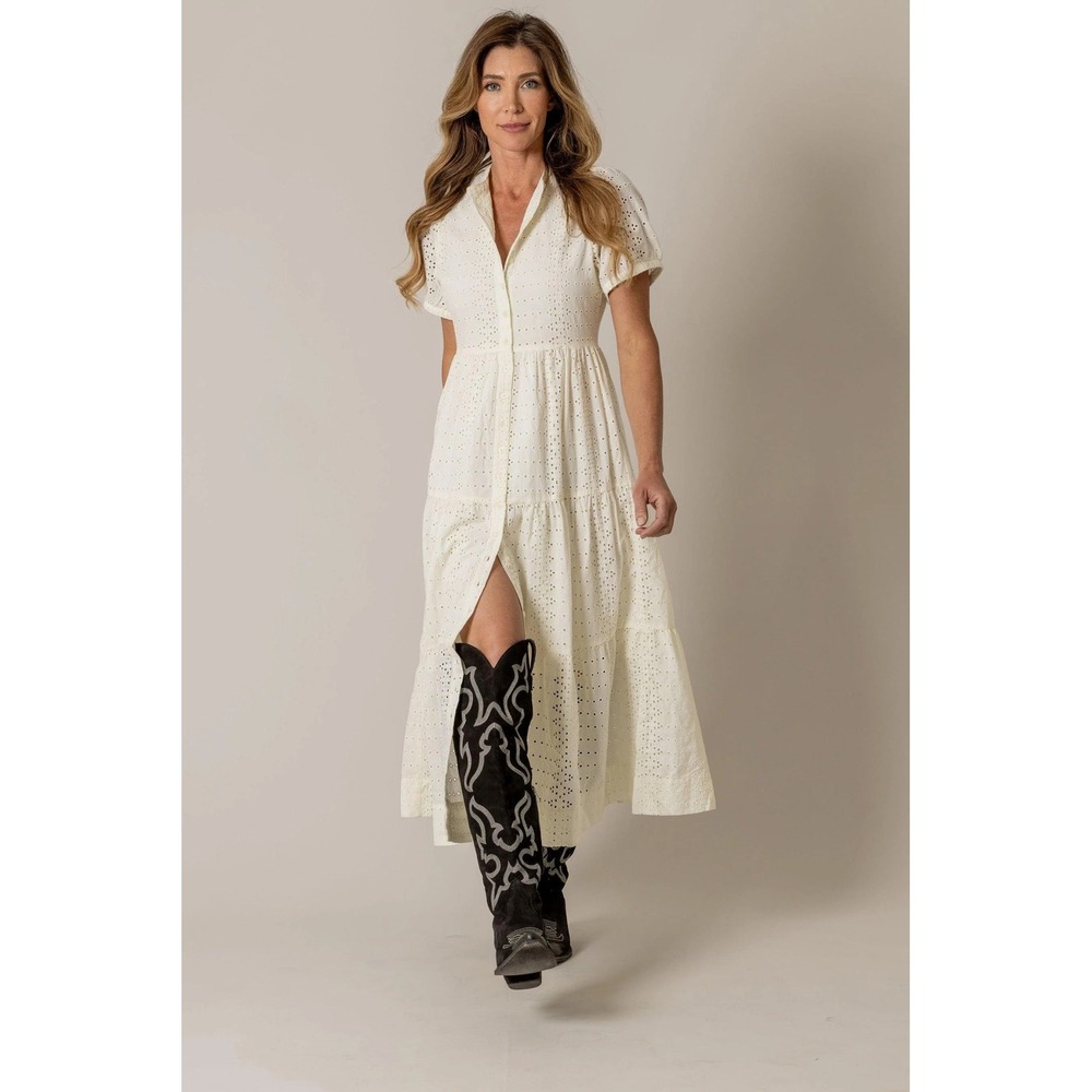 NWT!! KIMES RANCH Neve Eyelet Dress Midi Pristine Ivory Tiered Western Medium